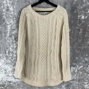 LL Bean Signature Size M Cable Knit Cotton Side Zip Sweater Cream Women LS